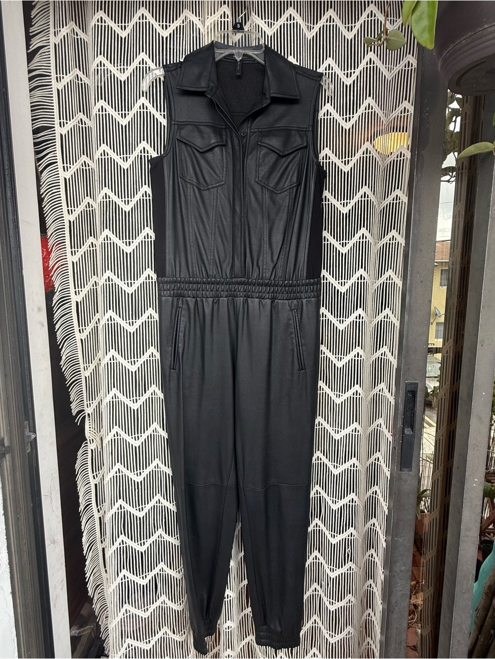 BCBGMaxAzria Black Faux-Leather collared utility Jumpsuit